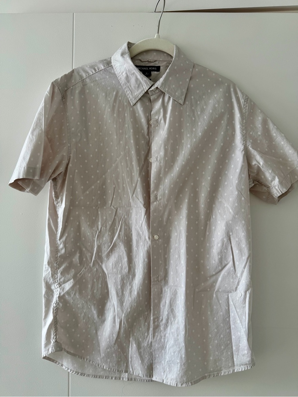 Michael Kors Short-Sleeve Beige Polka Dot Button-Down Shirt